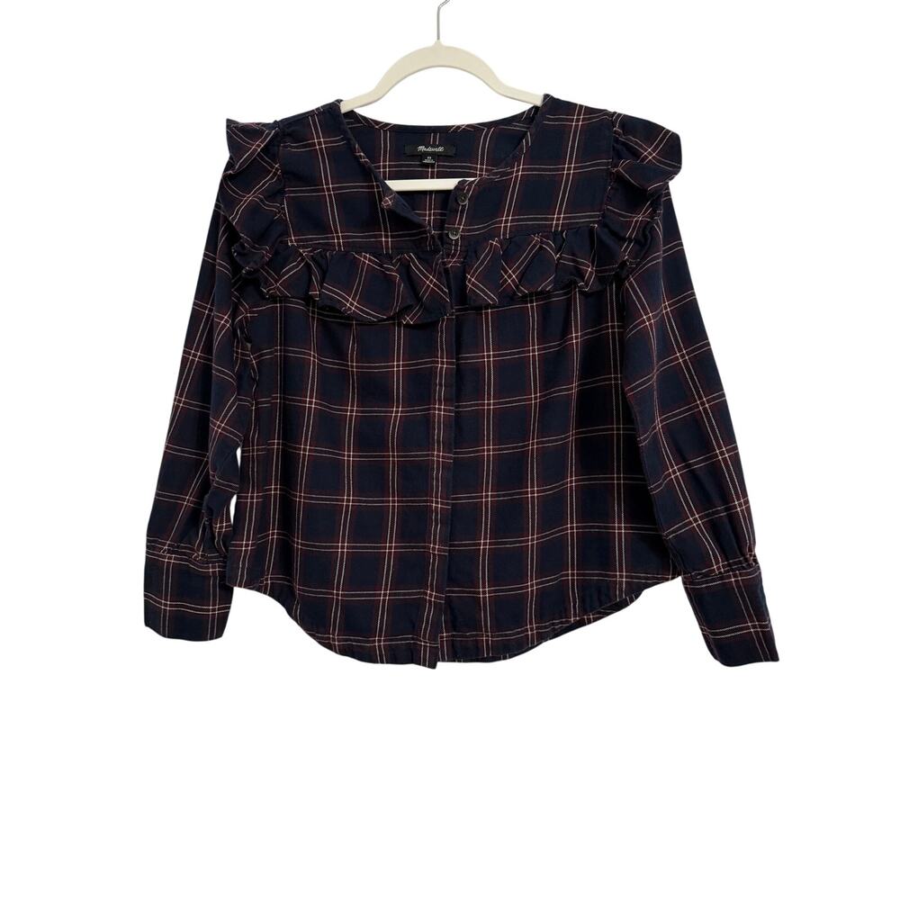 Madewell Women's XS Western Plaid‎ Ruffle Yoke Button Up Top Prairie Cottage